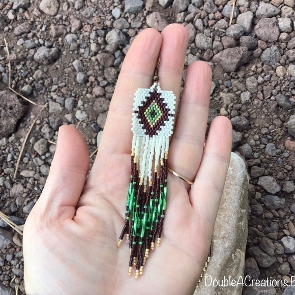 Native Diamond Beaded Earrings with Long Fringe, New, Handmade by Me - Picture 6 of 8